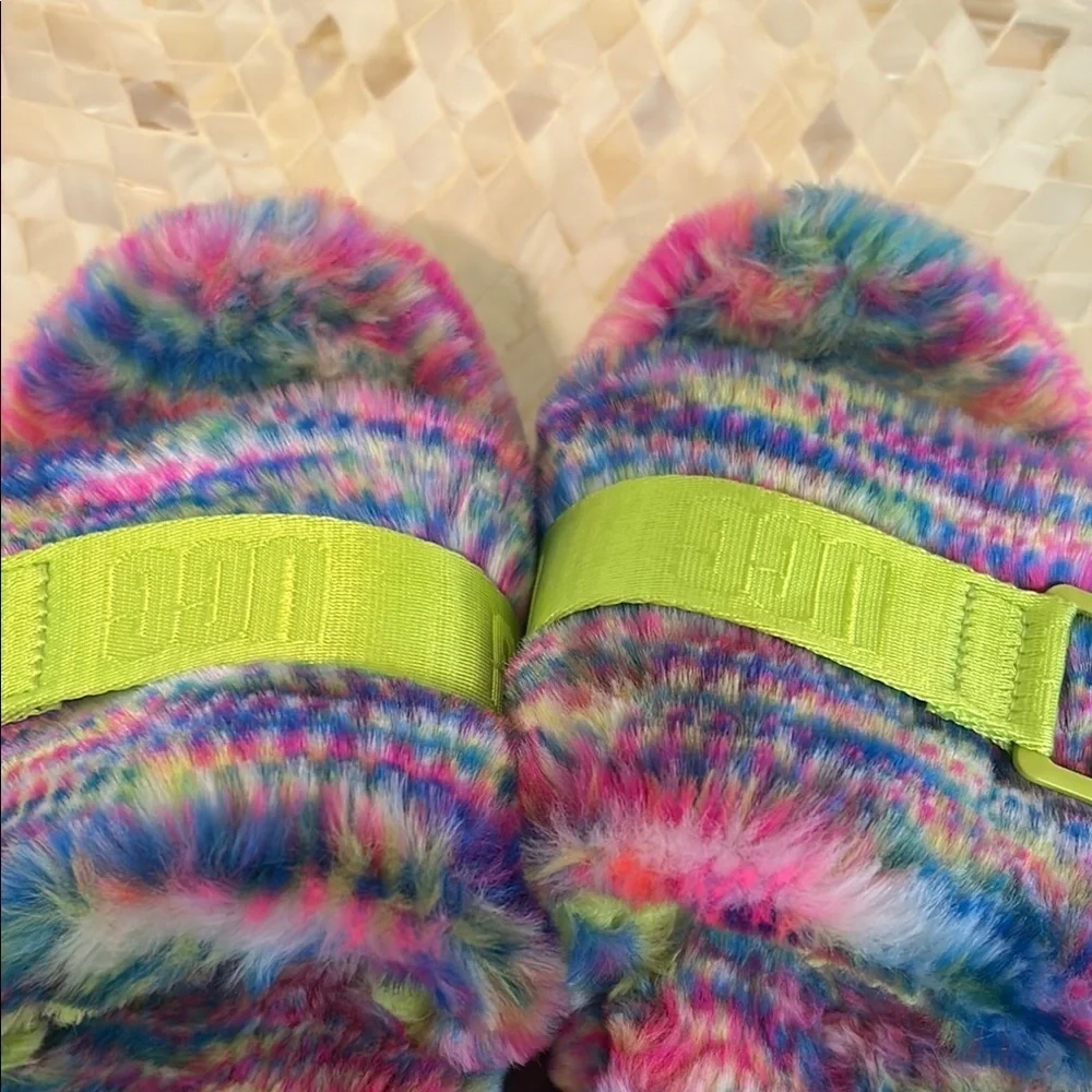 UGG Pink and Green Fuzzy Slippers